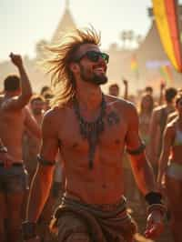 a man in a festival-inspired outfit, dancing with  a crowd of fellow festival-goers, capturing the energetic and lively atmosphere