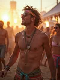 a man in a festival-inspired outfit, dancing with  a crowd of fellow festival-goers, capturing the energetic and lively atmosphere