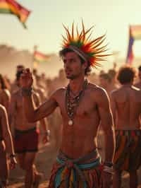 a man in a festival-inspired outfit, dancing with  a crowd of fellow festival-goers, capturing the energetic and lively atmosphere