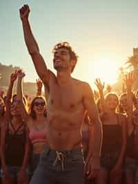 a man enjoying the live music on a sunny day, surrounded by  energetic fans and raising their hands in excitement