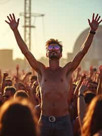 a man enjoying the live music on a sunny day, surrounded by  energetic fans and raising their hands in excitement