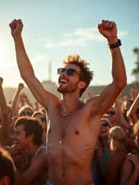 a man enjoying the live music on a sunny day, surrounded by  energetic fans and raising their hands in excitement