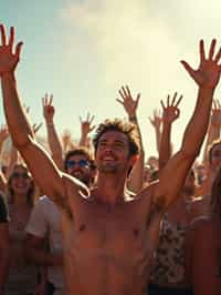 a man enjoying the live music on a sunny day, surrounded by  energetic fans and raising their hands in excitement