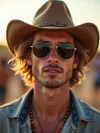 a stunning man with  a stylish hat and sunglasses, capturing the essence of festival fashion and individuality