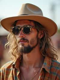 a stunning man with  a stylish hat and sunglasses, capturing the essence of festival fashion and individuality