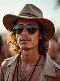 a stunning man with  a stylish hat and sunglasses, capturing the essence of festival fashion and individuality