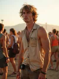 a man in  a sleeveless shirt and cargo pants, embodying the free-spirited and carefree nature of a music festival