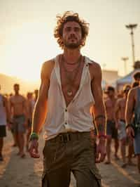 a man in  a sleeveless shirt and cargo pants, embodying the free-spirited and carefree nature of a music festival