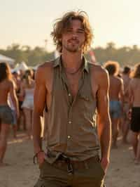 a man in  a sleeveless shirt and cargo pants, embodying the free-spirited and carefree nature of a music festival