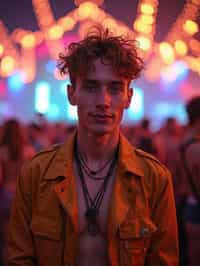 an incredibly attractive man in a festival outfit, embracing the festival vibes and posing against a backdrop of colorful stage lights and decorations