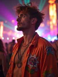 an incredibly attractive man in a festival outfit, embracing the festival vibes and posing against a backdrop of colorful stage lights and decorations