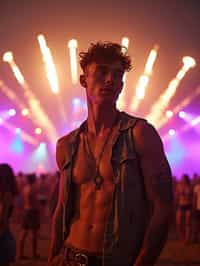 an incredibly attractive man in a festival outfit, embracing the festival vibes and posing against a backdrop of colorful stage lights and decorations