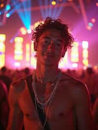 an incredibly attractive man in a festival outfit, embracing the festival vibes and posing against a backdrop of colorful stage lights and decorations