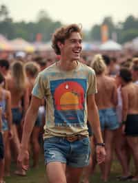 a stunning man as a festival-goer, dancing and enjoying the music in a vibrant crowd, wearing  a colorful graphic t-shirt and denim shorts