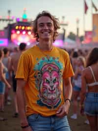 a stunning man as a festival-goer, dancing and enjoying the music in a vibrant crowd, wearing  a colorful graphic t-shirt and denim shorts