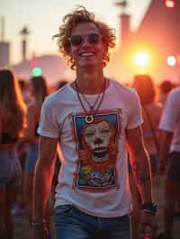 a stunning man as a festival-goer, dancing and enjoying the music in a vibrant crowd, wearing  a colorful graphic t-shirt and denim shorts