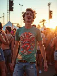 a stunning man as a festival-goer, dancing and enjoying the music in a vibrant crowd, wearing  a colorful graphic t-shirt and denim shorts