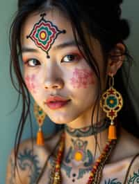 a woman with colorful temporary tattoos and henna art , adding an element of tribal and cultural inspiration to their festival look