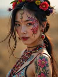 a woman with colorful temporary tattoos and henna art , adding an element of tribal and cultural inspiration to their festival look