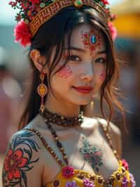 a woman with colorful temporary tattoos and henna art , adding an element of tribal and cultural inspiration to their festival look