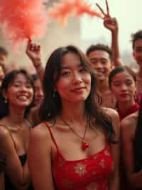 a stunning woman surrounded by a group of friends , capturing the sense of community and celebration at the festival