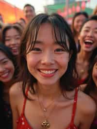 a stunning woman surrounded by a group of friends , capturing the sense of community and celebration at the festival