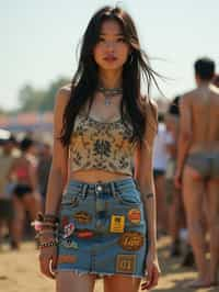 a woman in a crop top and denim skirt with festival patches , embodying the DIY and personalization culture of music festivals