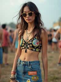 a woman in a crop top and denim skirt with festival patches , embodying the DIY and personalization culture of music festivals