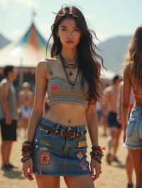 a woman in a crop top and denim skirt with festival patches , embodying the DIY and personalization culture of music festivals