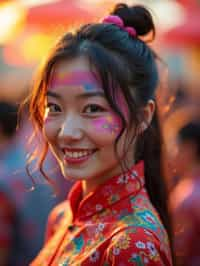 a woman with colorful festival makeup , standing out in the crowd and embracing the festival's vibrant atmosphere