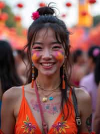 a woman with colorful festival makeup , standing out in the crowd and embracing the festival's vibrant atmosphere