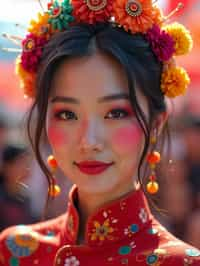 a woman with colorful festival makeup , standing out in the crowd and embracing the festival's vibrant atmosphere