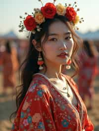 a stunning woman in a flowy kimono and flower crown , embodying the fusion of bohemian and rock n roll styles at the festival