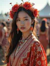 a stunning woman in a flowy kimono and flower crown , embodying the fusion of bohemian and rock n roll styles at the festival