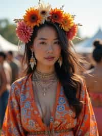 a stunning woman in a flowy kimono and flower crown , embodying the fusion of bohemian and rock n roll styles at the festival