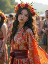 a stunning woman in a flowy kimono and flower crown , embodying the fusion of bohemian and rock n roll styles at the festival