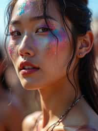 a woman with glittery makeup and body paint , capturing the artistic and expressive side of the music festival experience