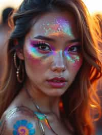 a woman with glittery makeup and body paint , capturing the artistic and expressive side of the music festival experience