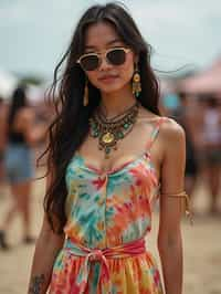 a stunning woman in a tie-dye jumpsuit and statement accessories , capturing their eclectic and fashionable festival look