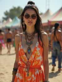 a stunning woman in a tie-dye jumpsuit and statement accessories , capturing their eclectic and fashionable festival look