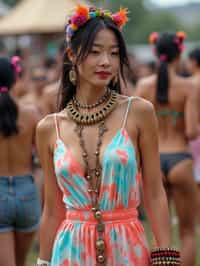 a stunning woman in a tie-dye jumpsuit and statement accessories , capturing their eclectic and fashionable festival look