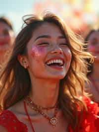 a woman enjoying a live performance on a sunny day, with glitter on their face , radiating the joy and excitement of the festival