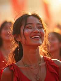 a woman enjoying a live performance on a sunny day, with glitter on their face , radiating the joy and excitement of the festival