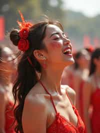 a woman enjoying a live performance on a sunny day, with glitter on their face , radiating the joy and excitement of the festival