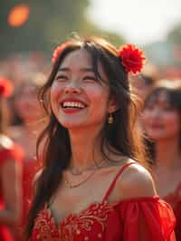 a woman enjoying a live performance on a sunny day, with glitter on their face , radiating the joy and excitement of the festival