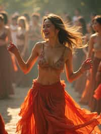 a woman in a flowy bohemian skirt and crop top , capturing their infectious energy and enthusiasm for the music