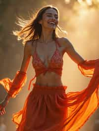 a woman in a flowy bohemian skirt and crop top , capturing their infectious energy and enthusiasm for the music