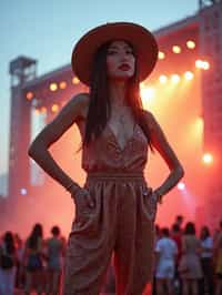 a woman in a bohemian jumpsuit and a wide-brimmed hat , striking a pose in front of a stage backdrop, capturing the excitement of a music festival