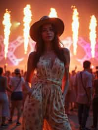 a woman in a bohemian jumpsuit and a wide-brimmed hat , striking a pose in front of a stage backdrop, capturing the excitement of a music festival