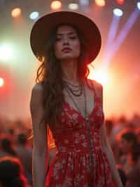 a woman in a bohemian jumpsuit and a wide-brimmed hat , striking a pose in front of a stage backdrop, capturing the excitement of a music festival